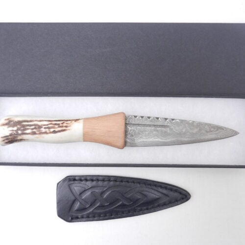 Natural Red Deer Antler and Walnut Damascus Sgian Dubh