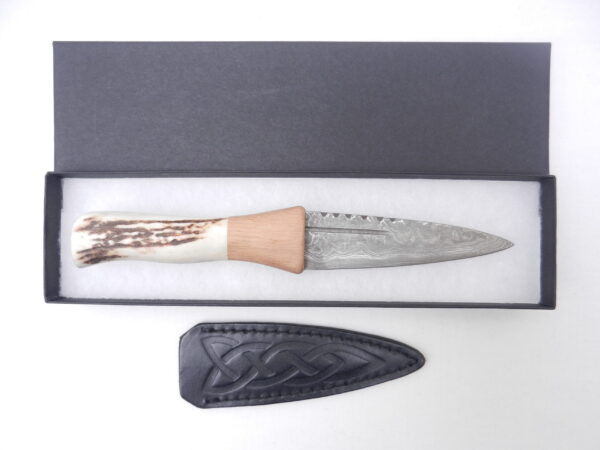 Natural Red Deer Antler and Walnut Damascus Sgian Dubh
