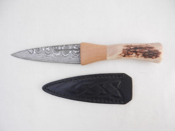DSCN4075 Natural Red Deer Antler and Walnut Damascus Sgian Dubh, Scottish knife, kilt knife, Scottish gift