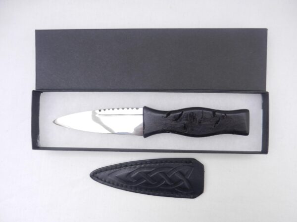 Scottish Sgian Dubh: Black Burr Wych Elm Knife with Leather Sheath