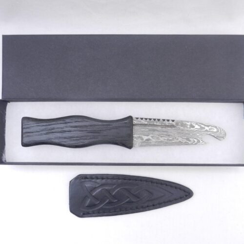 Damascus Steel Sgian Brew Bottle Opener: Scottish Bog Oak & Oak Handle