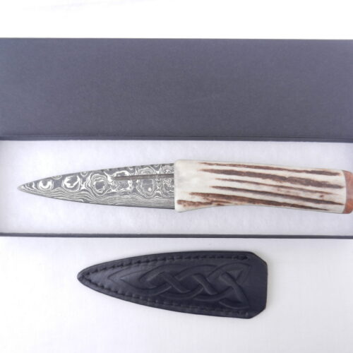 Scottish Red Deer Antler and Burr Wych Elm Damascus Sgian Dubh