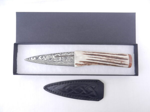 Scottish Red Deer Antler and Burr Wych Elm Damascus Sgian Dubh