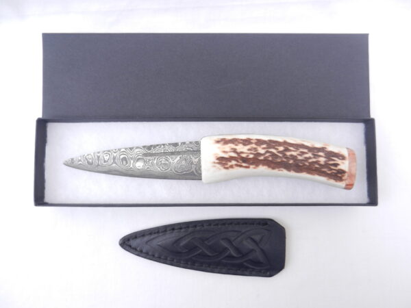 Scottish Red Deer Antler and Burr Wych Elm sapwood Damascus Sgian Dubh