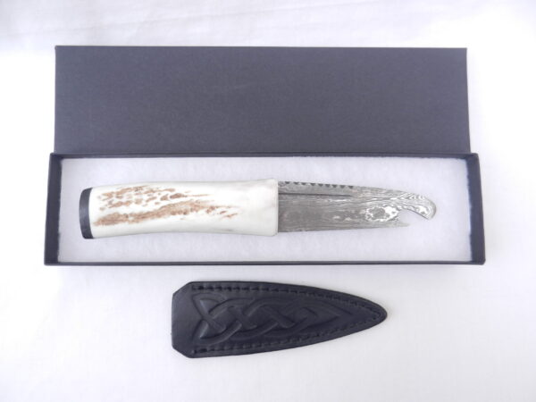 Scottish Red Deer Antler and Bog Oak Damascus Sgian Brew