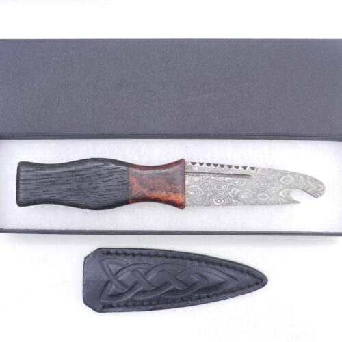 DSCN3395 Bog Oak and Desert Ironwood Burr Damascus Steel Sgian Brew