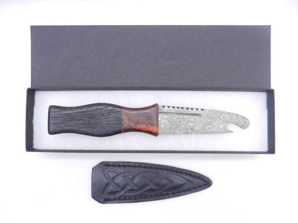 DSCN3395 Bog Oak and Desert Ironwood Burr Damascus Steel Sgian Brew