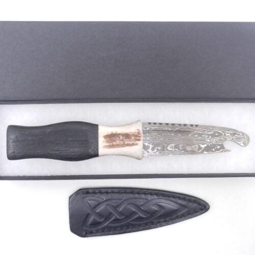 Scottish Bog Oak and Natural Antler Damascus Steel Sgian Brew, Bottle opener, Scottish gift, Scottish, wedding gift, groom gift, mens gift