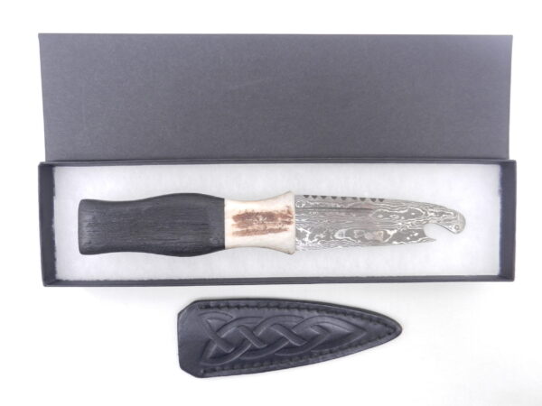 Scottish Bog Oak and Natural Antler Damascus Steel Sgian Brew, Bottle opener, Scottish gift, Scottish, wedding gift, groom gift, mens gift