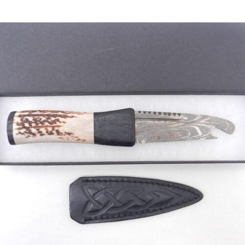 Natural Red Deer Antler and Scottish Bog Oak Damascus Sgian Brew, Scottish gift, antler gift, wedding gift, groom gift
